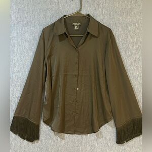 Rachel Zoe Black Sheer Button-Front Blouse with Fringe Cuffs
